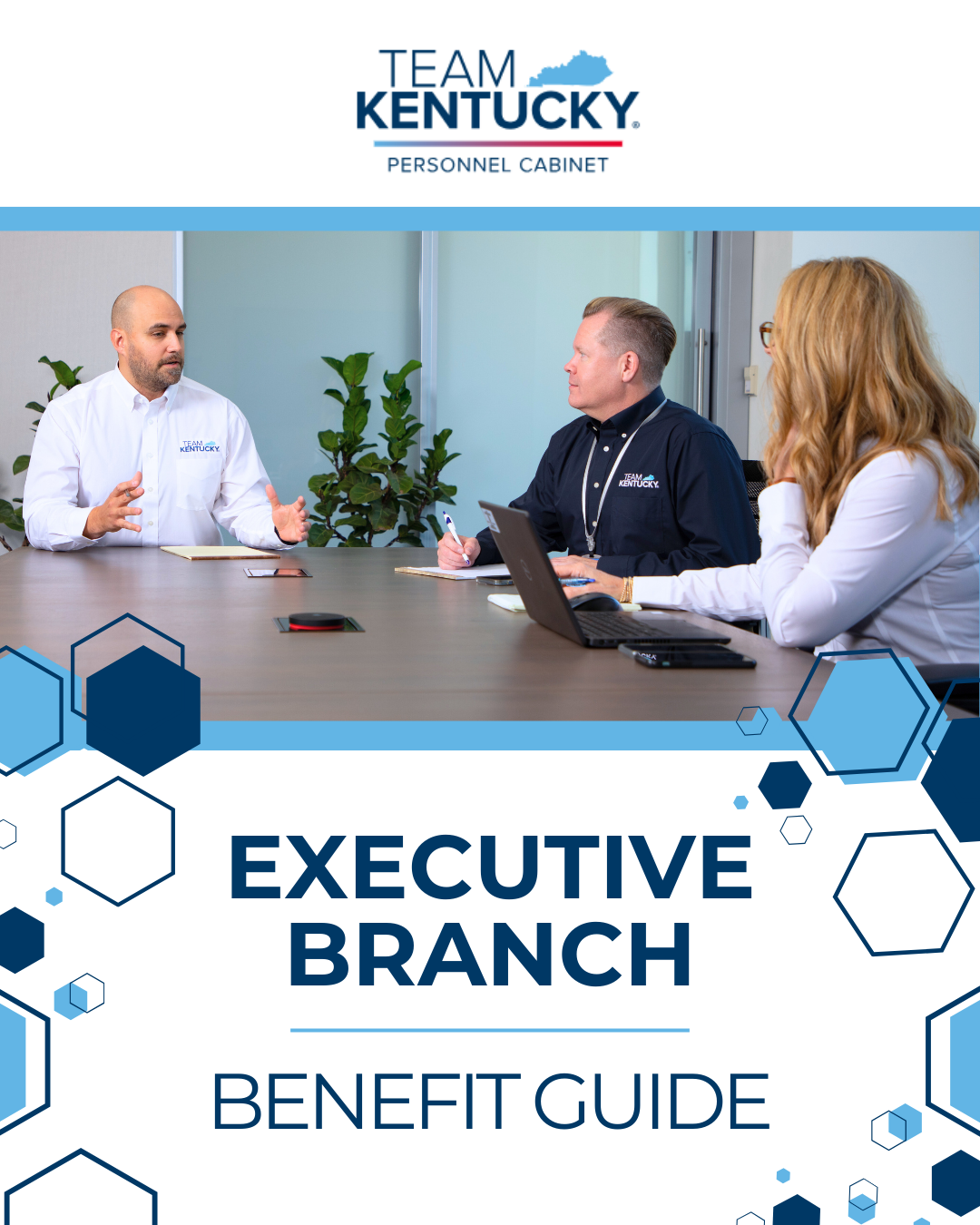 Picture of employees at a table, text reads 